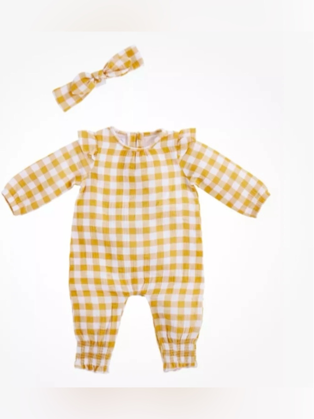 NWT Mud Pie Baby Girls Yellow Gingham One-Piece & Bow Headband Size 3-6M & 12-18
